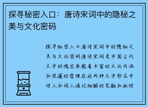探寻秘密入口：唐诗宋词中的隐秘之美与文化密码